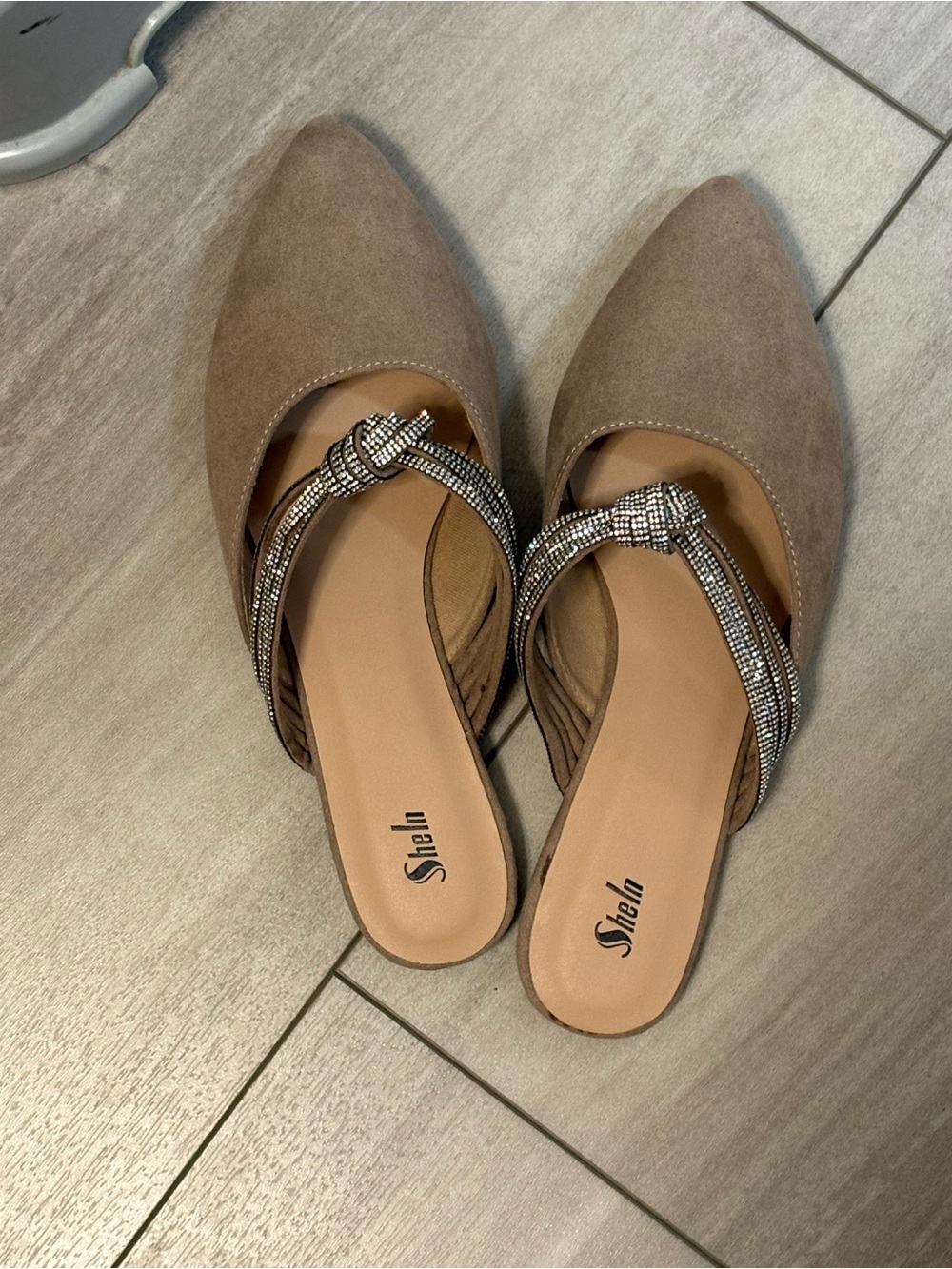 SHEIN Taupe Pointed-Toe Mules with Rhinestone Knot Straps